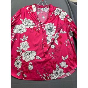 Cato Women Plus 18/20W Pink Floral Satin V-Neck Tie Front Blouse Long Sleeve Top